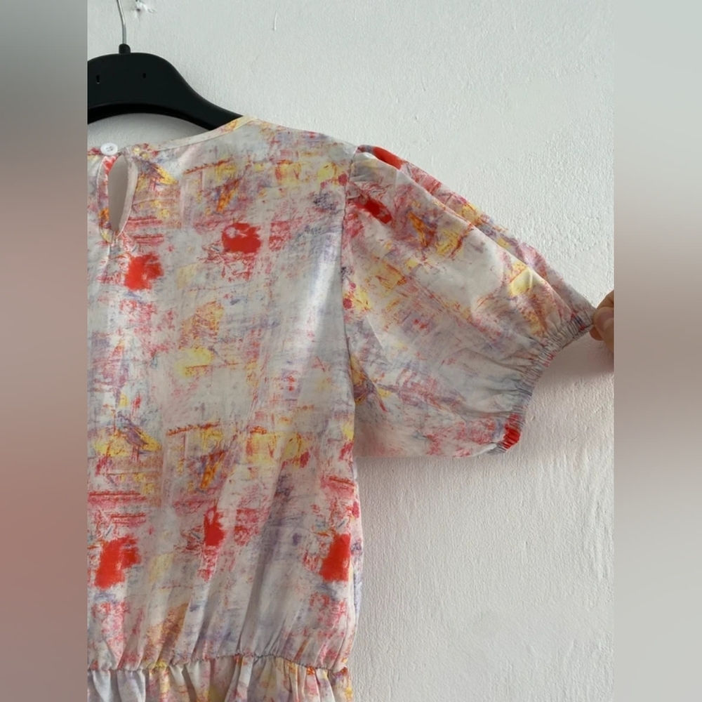 Abstract Floral Print Puff Sleeve Dress - White with Coral & Yellow - Picture 5 of 6